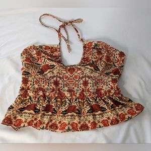 Shein Orange Tan Multi Color Floral Print Halter Top W/Ruffle Side Zipper Size L